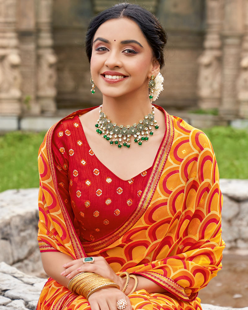Vishal Prints Carrot Orange And Persian Red Printed Chiffon-Brasso Saree With Zari Border