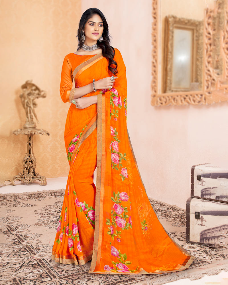 Vishal Prints Orange Printed Georgette Saree With Border