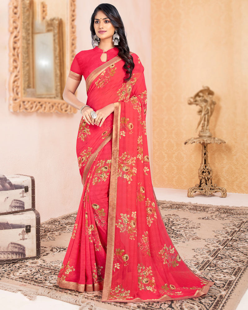 Vishal Prints Pinkish Red Printed Georgette Saree With Border