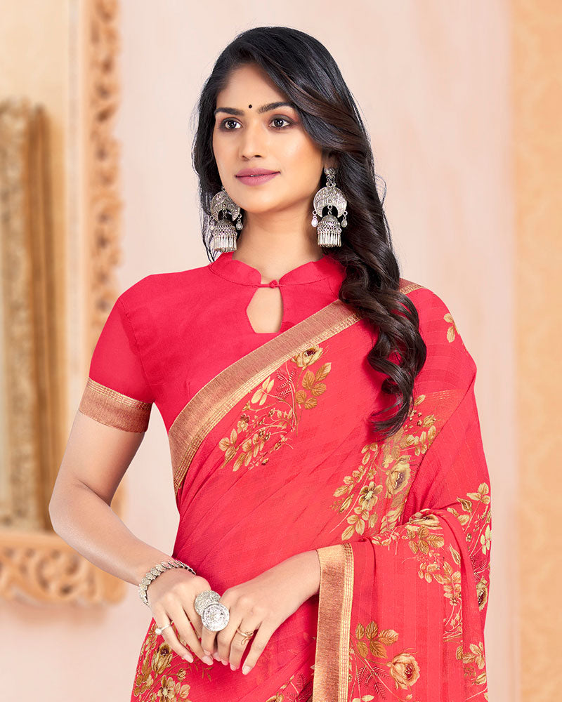 Vishal Prints Pinkish Red Printed Georgette Saree With Border