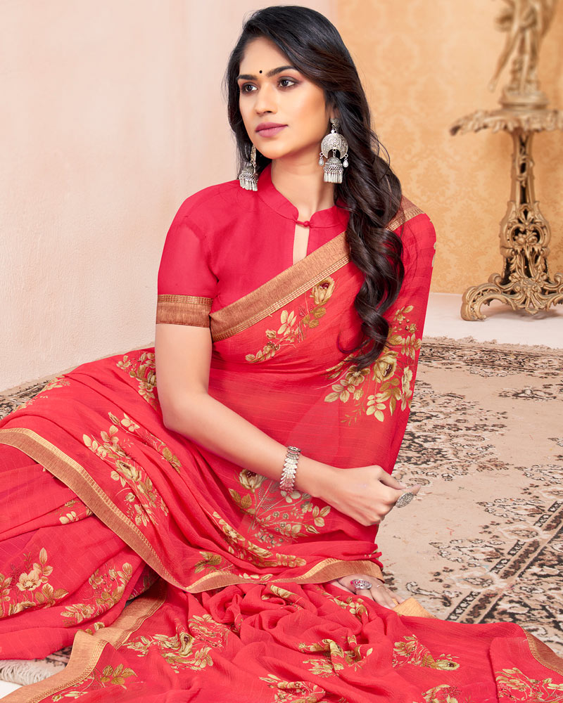 Vishal Prints Pinkish Red Printed Georgette Saree With Border