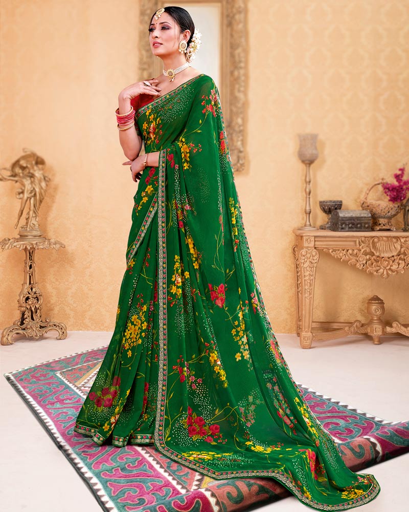 Vishal Prints Dark Green Printed Georgette Saree With Border