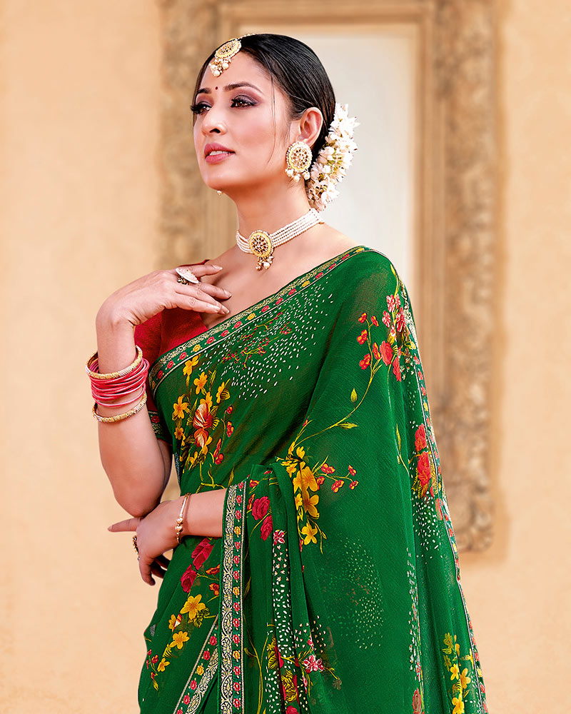 Vishal Prints Dark Green Printed Georgette Saree With Border