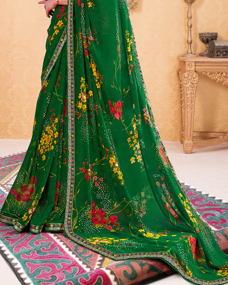 Vishal Prints Dark Green Printed Georgette Saree With Border