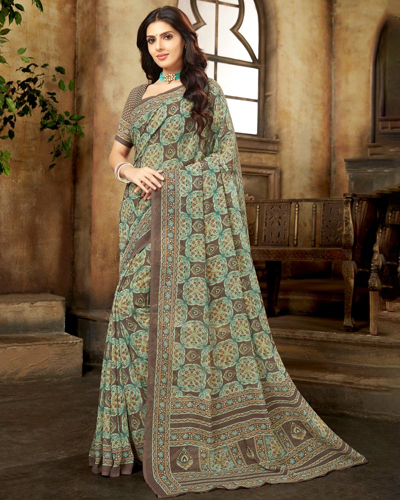 Vishal Prints Pastel Green And Dark Beige Digital Print Georgette Saree