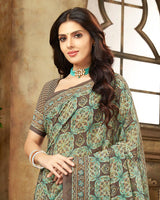 Vishal Prints Pastel Green And Dark Beige Digital Print Georgette Saree