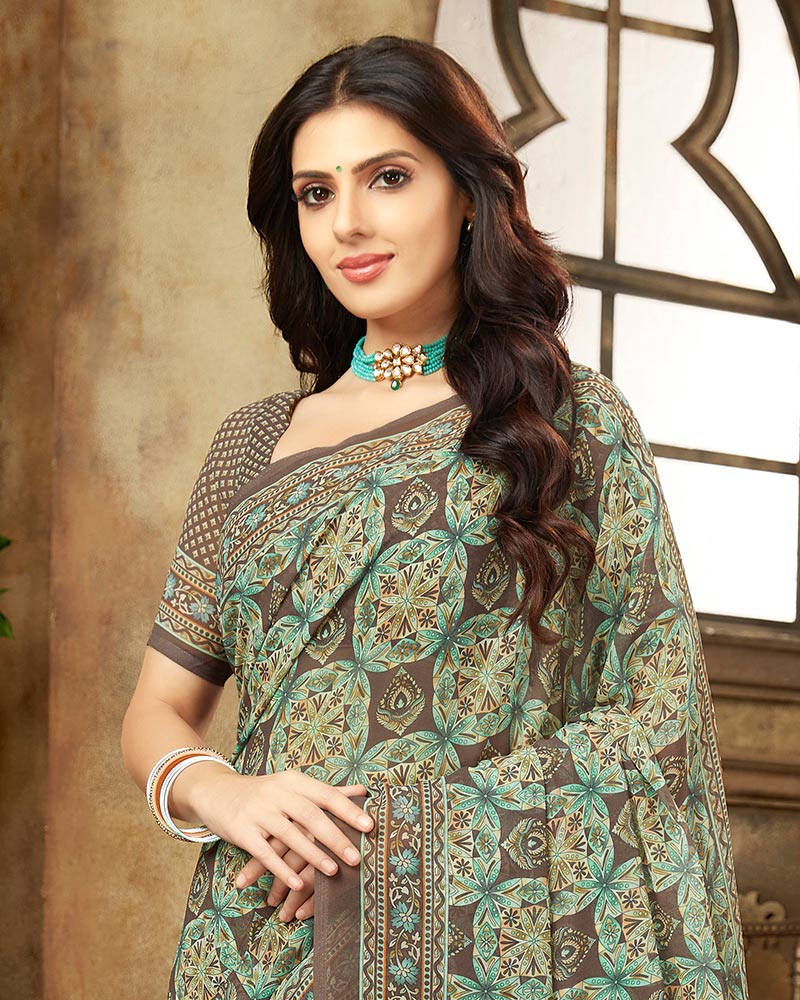 Vishal Prints Pastel Green And Dark Beige Digital Print Georgette Saree