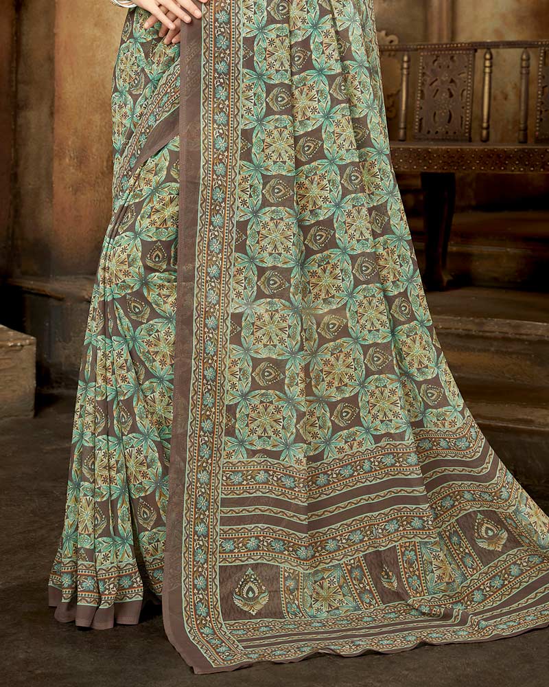 Vishal Prints Pastel Green And Dark Beige Digital Print Georgette Saree