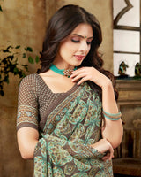 Vishal Prints Pastel Green And Dark Beige Digital Print Georgette Saree