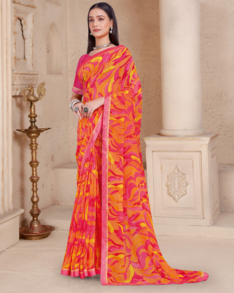Vishal Prints Yellowish Orange Printed Georgette Saree With Fancy Border