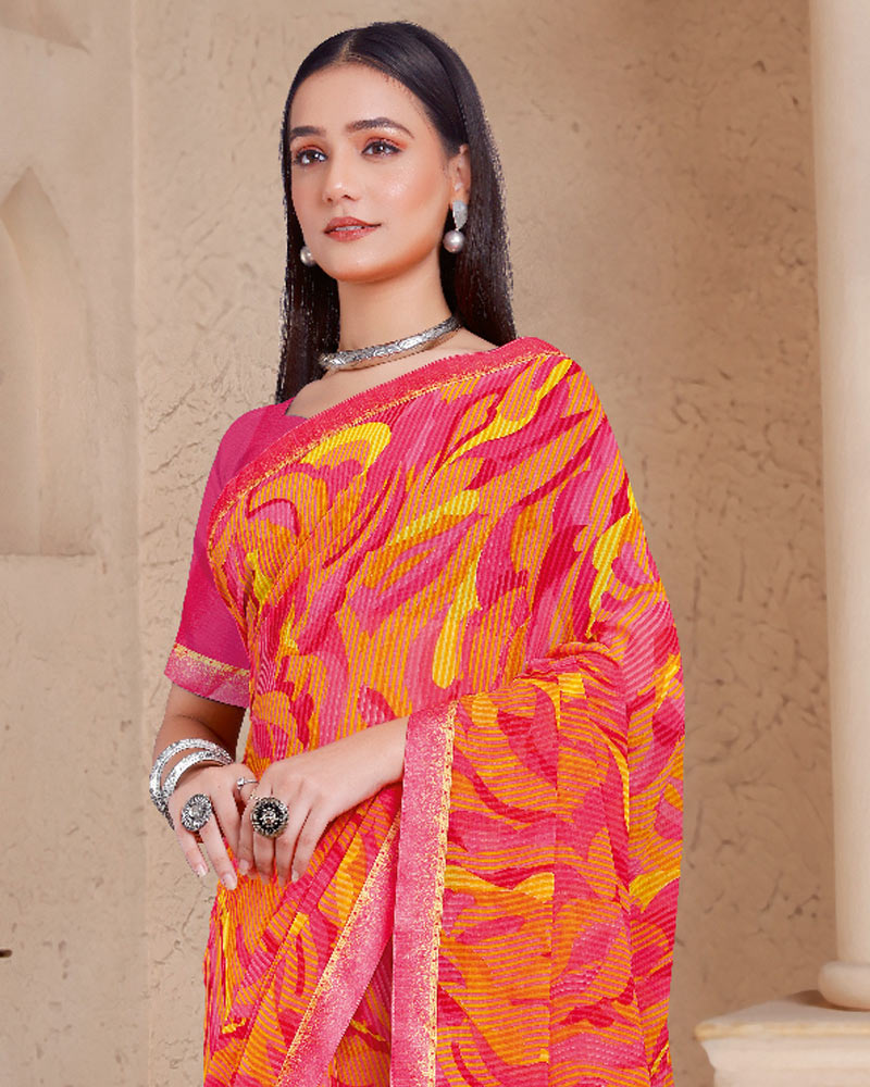 Vishal Prints Yellowish Orange Printed Georgette Saree With Fancy Border