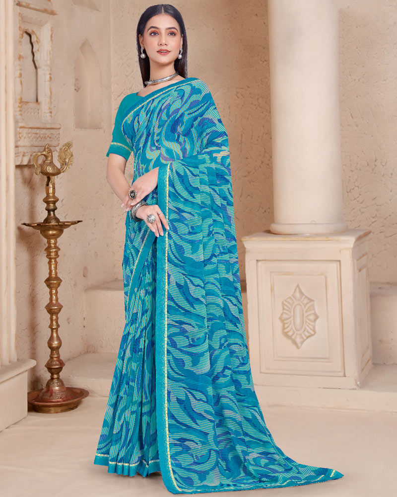 Vishal Prints Pacific Blue Printed Georgette Saree With Fancy Border