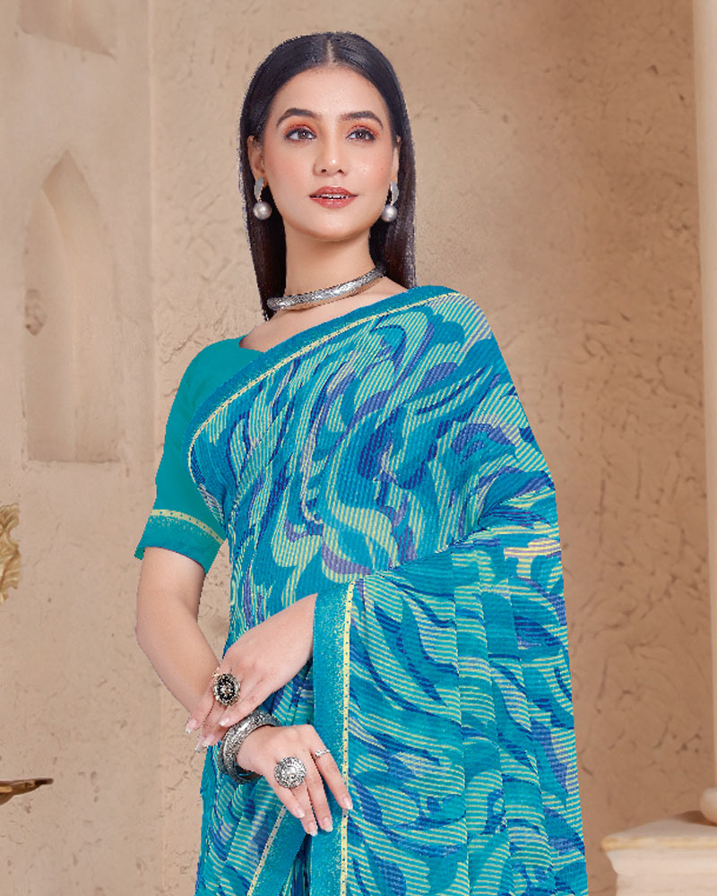 Vishal Prints Pacific Blue Printed Georgette Saree With Fancy Border