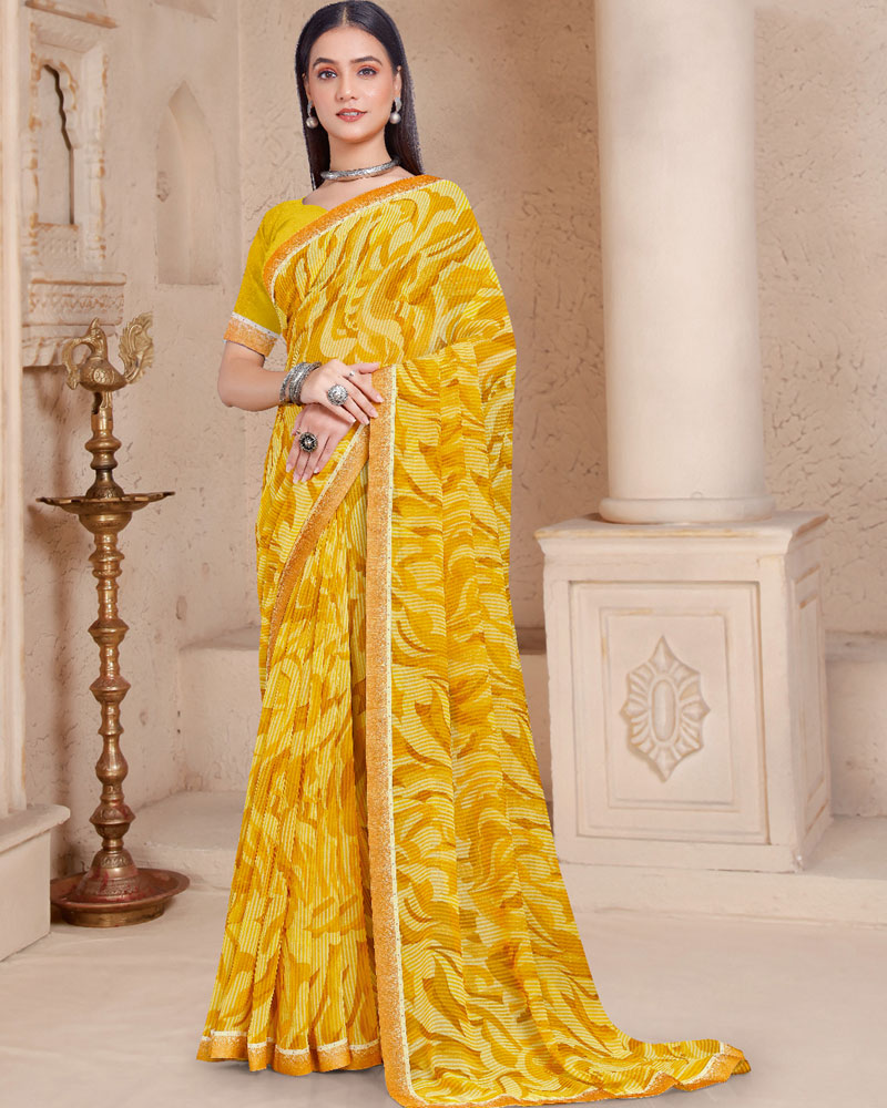 Vishal Prints Pastel Yellow Printed Georgette Saree With Fancy Border