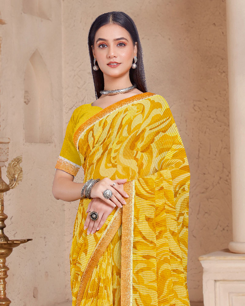 Vishal Prints Pastel Yellow Printed Georgette Saree With Fancy Border