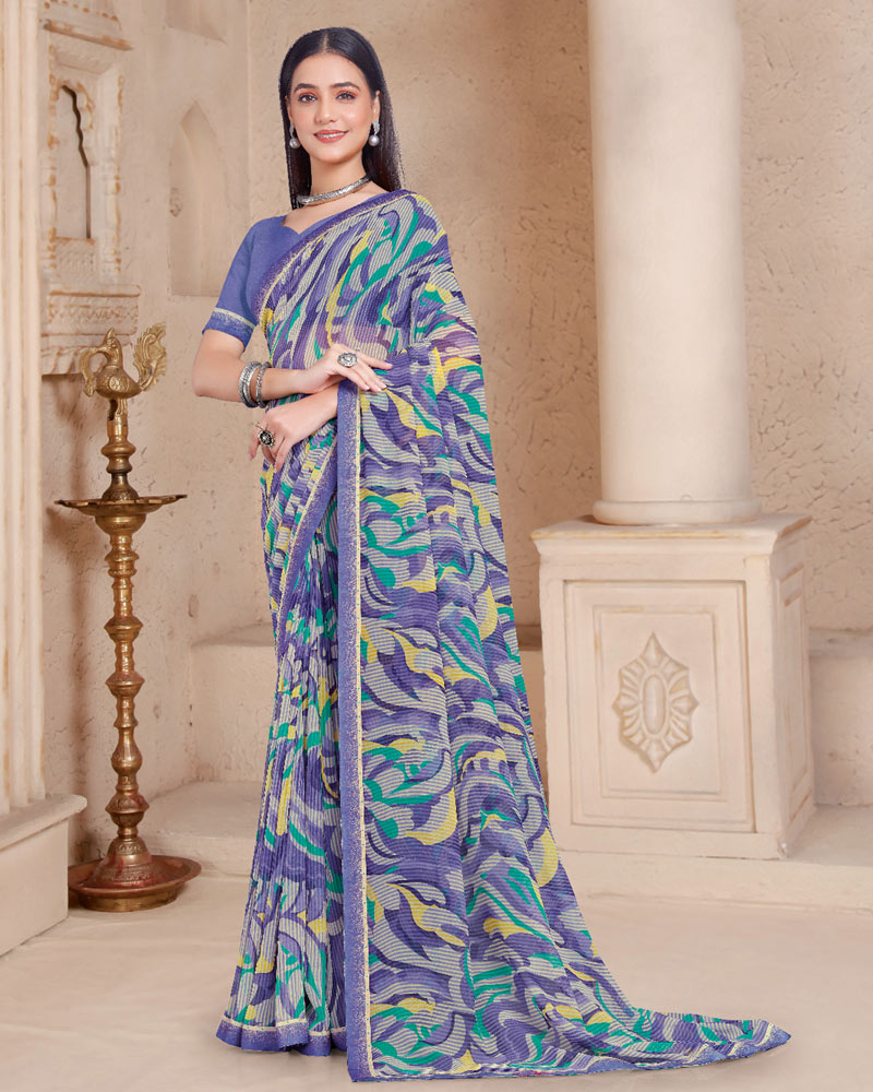 Vishal Prints Dark Lavender Printed Georgette Saree With Fancy Border