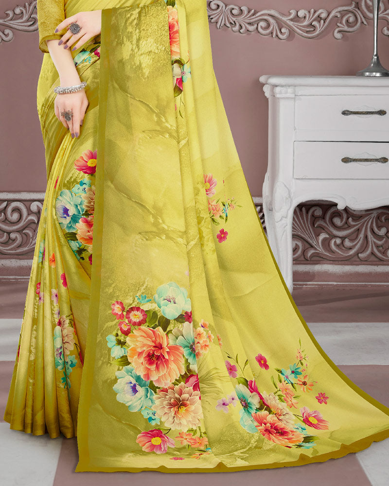 Vishal Prints Light Olive Green Digital Print Criva Crepe Saree