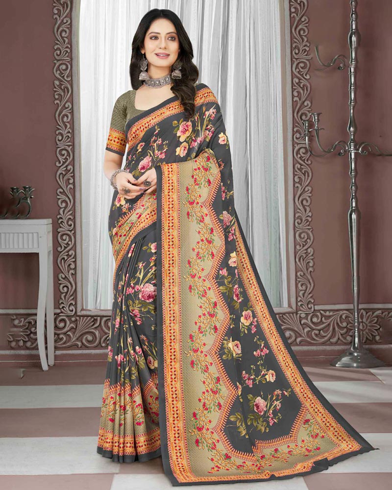Vishal Prints Dark Grey Digital Print Criva Crepe Saree