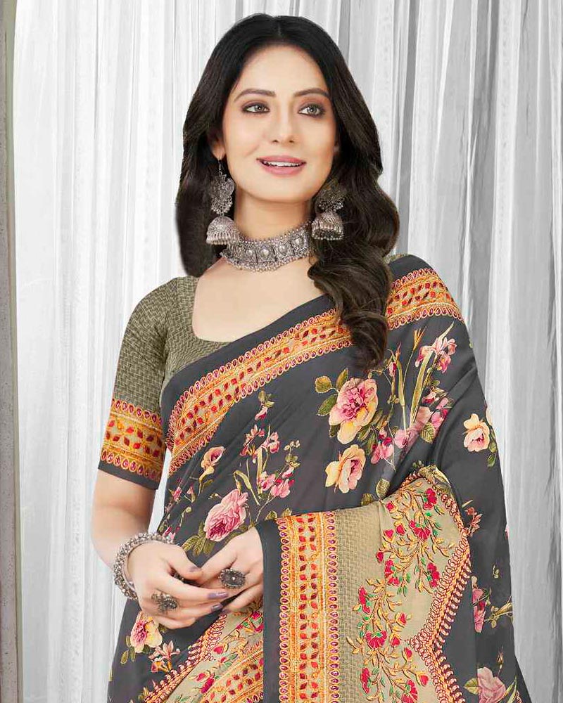 Vishal Prints Dark Grey Digital Print Criva Crepe Saree