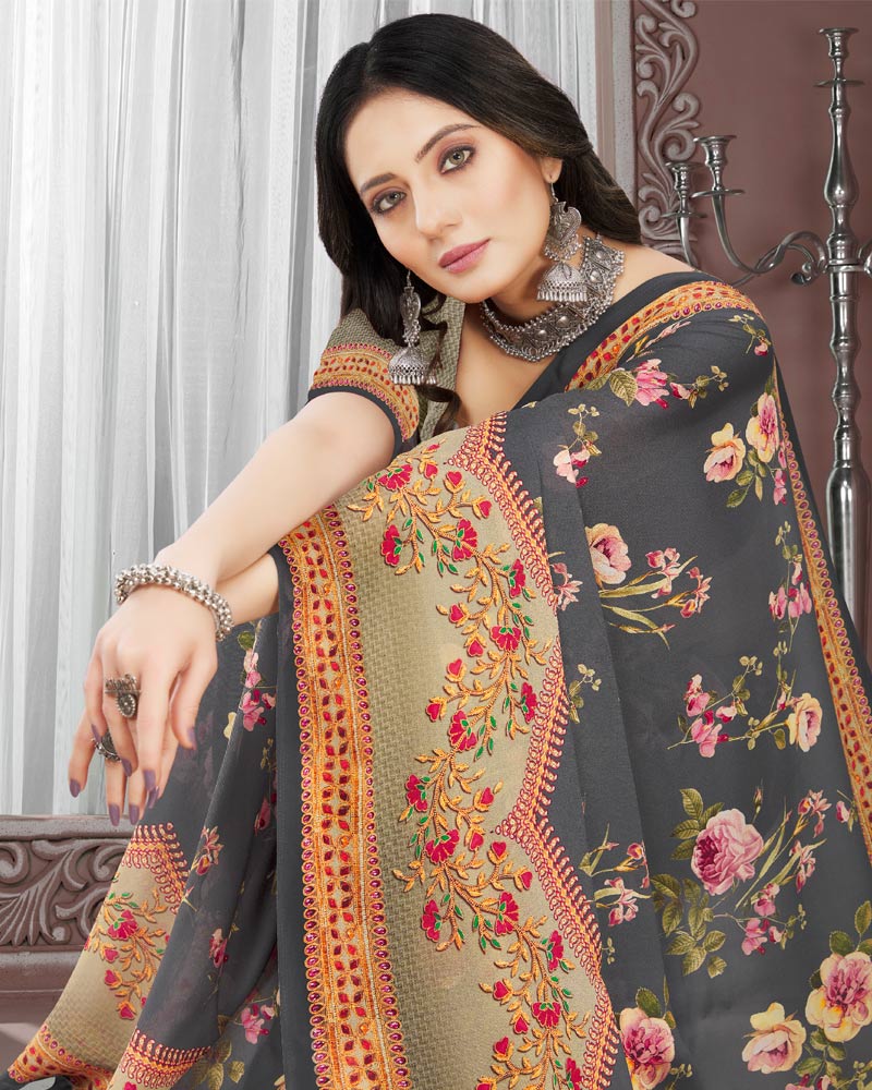 Vishal Prints Dark Grey Digital Print Criva Crepe Saree