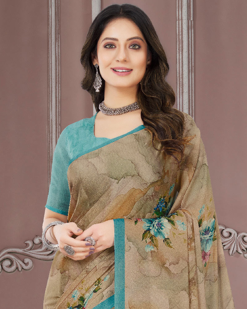 Vishal Prints Dark Beige Digital Print Criva Crepe Saree