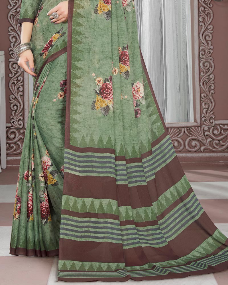 Vishal Prints Grey Olive Digital Print Criva Crepe Saree