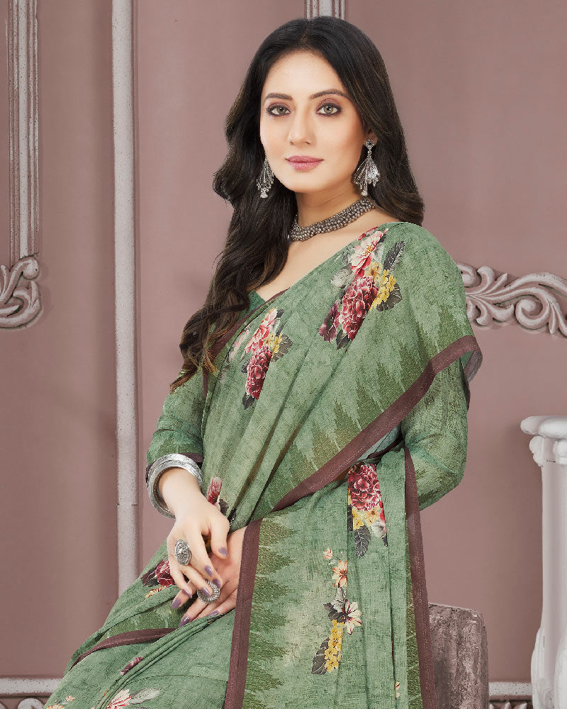 Vishal Prints Grey Olive Digital Print Criva Crepe Saree