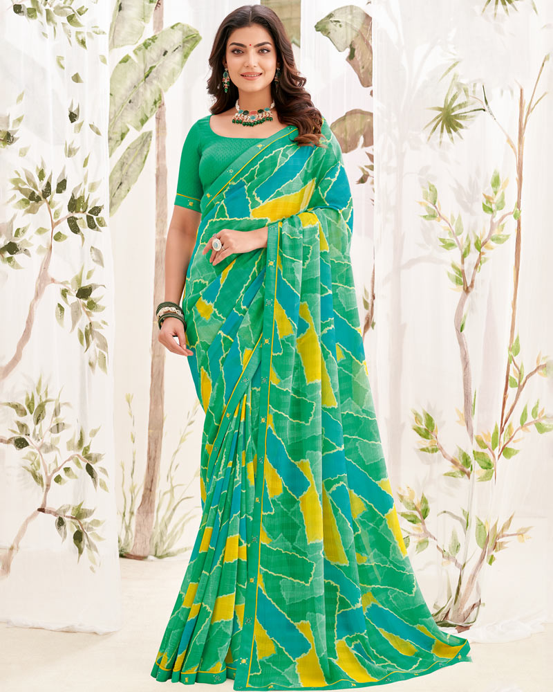 Vishal Prints Dark Mint Green Printed Patterned Georgette Saree With Fancy Border