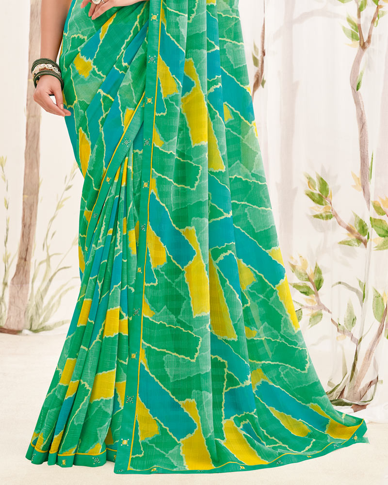 Vishal Prints Dark Mint Green Printed Patterned Georgette Saree With Fancy Border