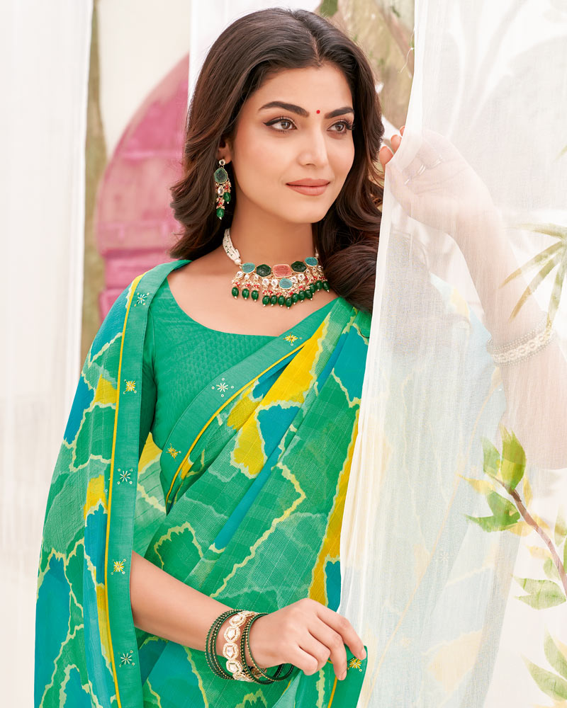 Vishal Prints Dark Mint Green Printed Patterned Georgette Saree With Fancy Border