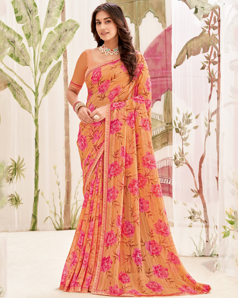 Vishal Prints Dark Peach Printed Patterned Georgette Saree With Fancy Border