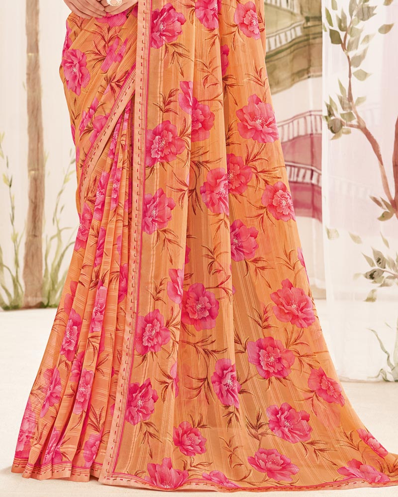 Vishal Prints Dark Peach Printed Patterned Georgette Saree With Fancy Border