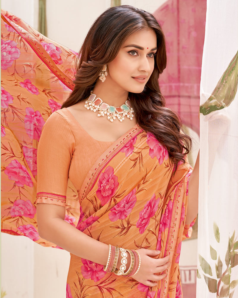 Vishal Prints Dark Peach Printed Patterned Georgette Saree With Fancy Border