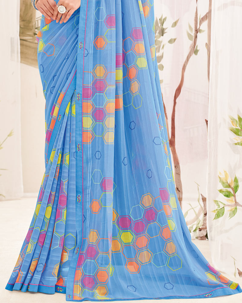 Vishal Prints Pastel Blue Printed Patterned Georgette Saree With Fancy Border