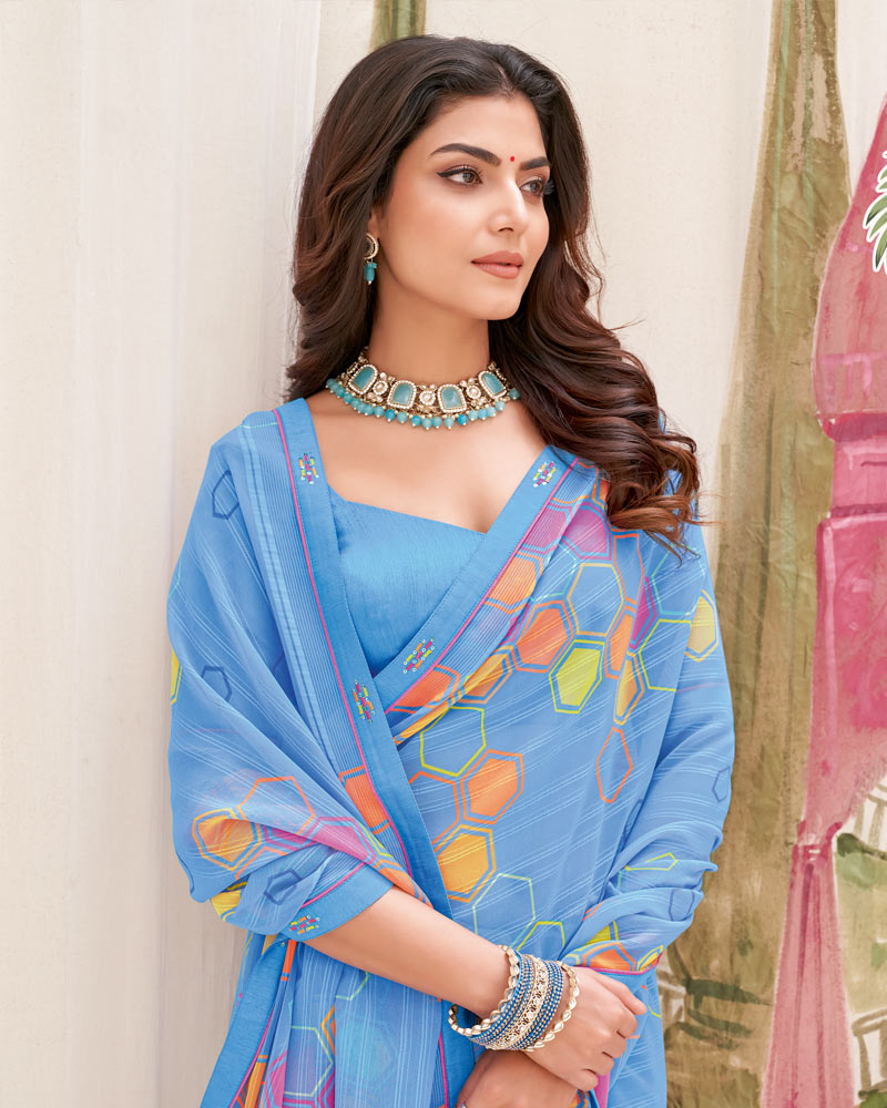 Vishal Prints Pastel Blue Printed Patterned Georgette Saree With Fancy Border