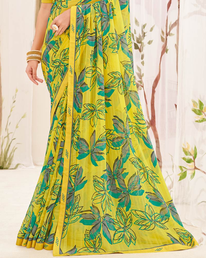 Vishal Prints Lime Yellow Printed Patterned Georgette Saree With Fancy Border