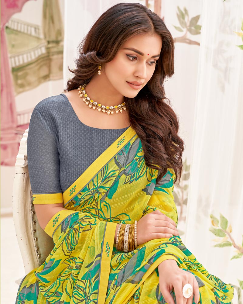Vishal Prints Lime Yellow Printed Patterned Georgette Saree With Fancy Border