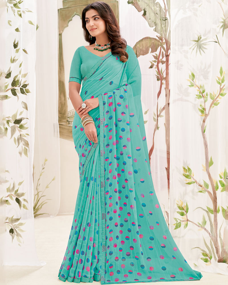 Vishal Prints Pastel Teal Green Printed Patterned Georgette Saree With Fancy Border