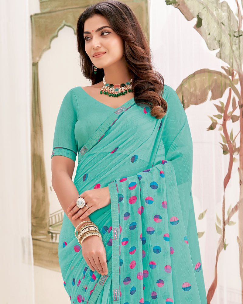 Vishal Prints Pastel Teal Green Printed Patterned Georgette Saree With Fancy Border