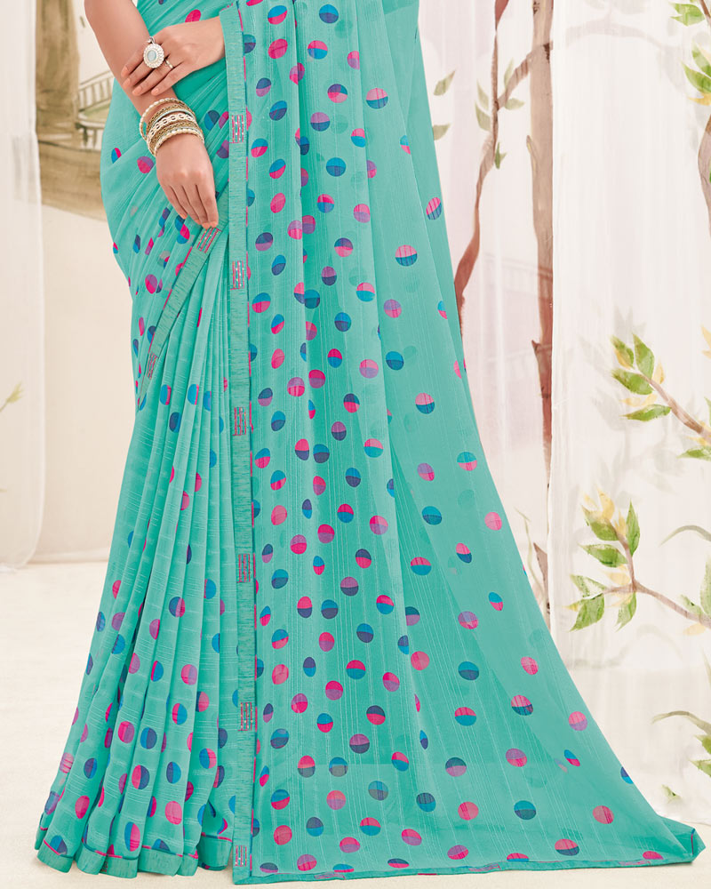 Vishal Prints Pastel Teal Green Printed Patterned Georgette Saree With Fancy Border
