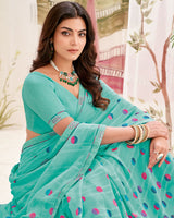 Vishal Prints Pastel Teal Green Printed Patterned Georgette Saree With Fancy Border