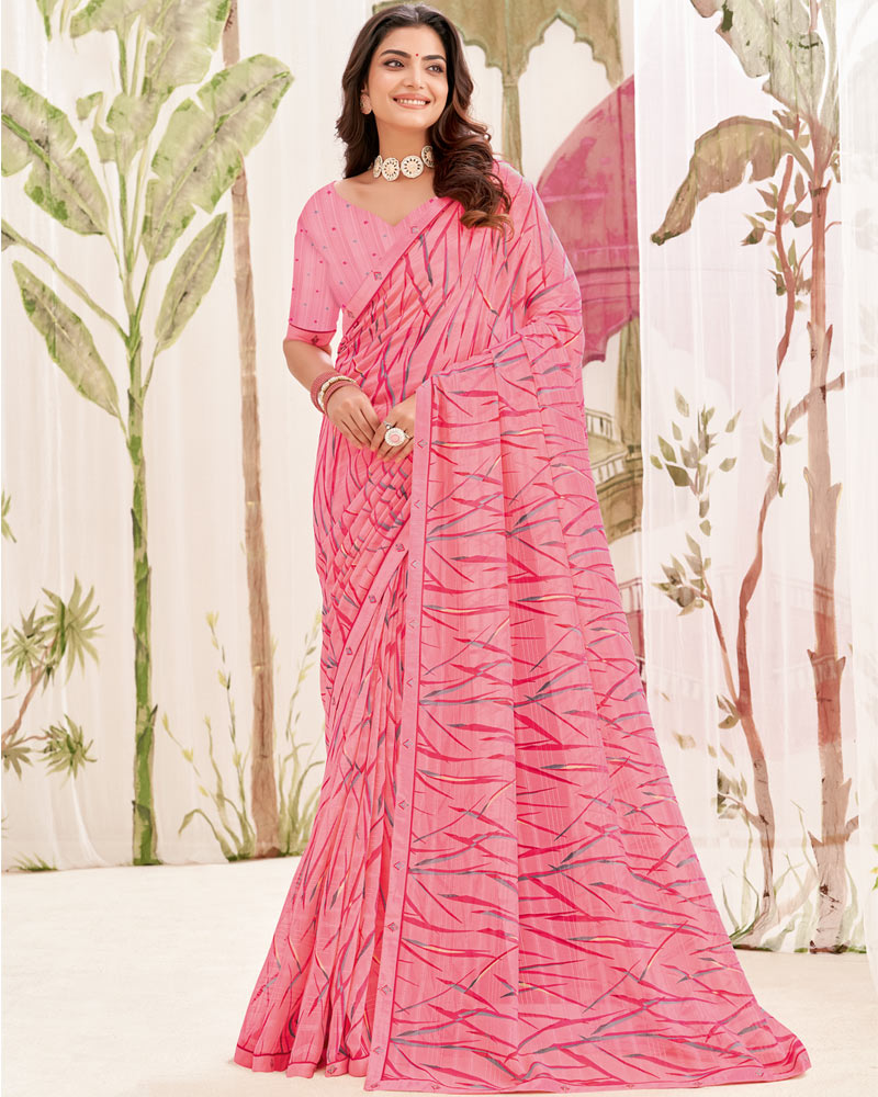 Vishal Prints Baby Pink Printed Patterned Georgette Saree With Fancy Border