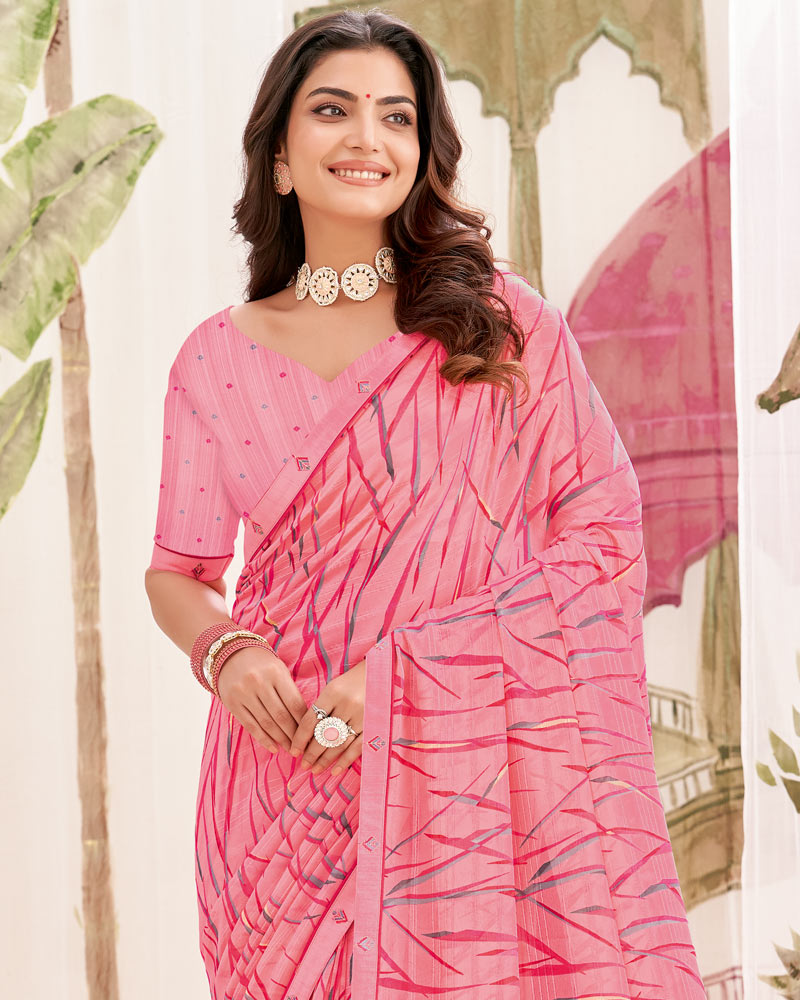 Vishal Prints Baby Pink Printed Patterned Georgette Saree With Fancy Border