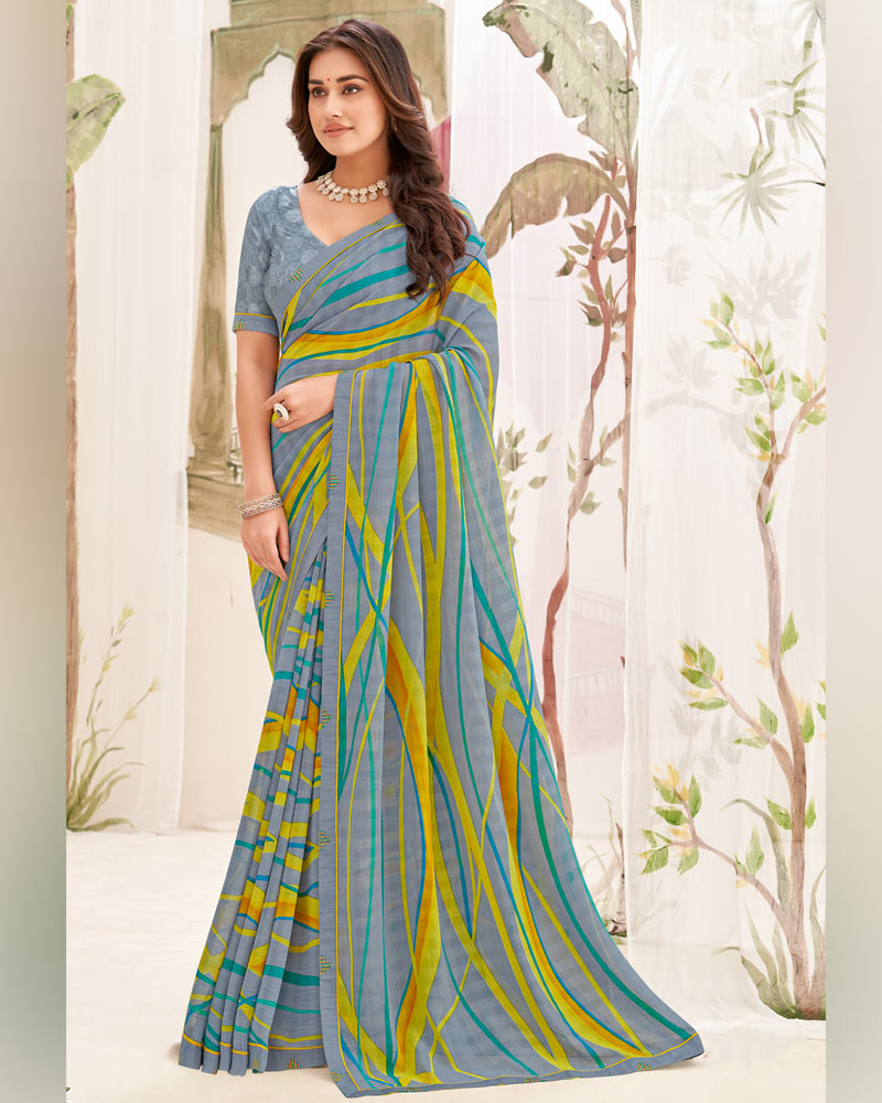 Vishal Prints Cool Grey Printed Patterned Georgette Saree With Fancy Border