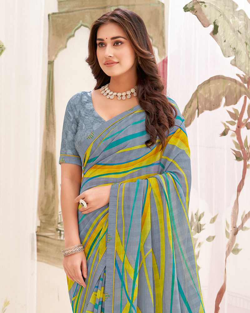 Vishal Prints Cool Grey Printed Patterned Georgette Saree With Fancy Border