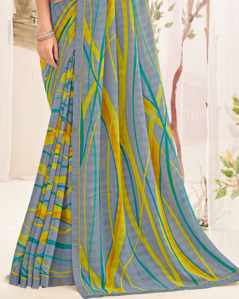 Vishal Prints Cool Grey Printed Patterned Georgette Saree With Fancy Border