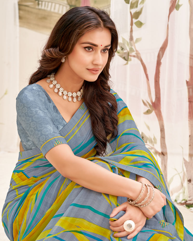 Vishal Prints Cool Grey Printed Patterned Georgette Saree With Fancy Border