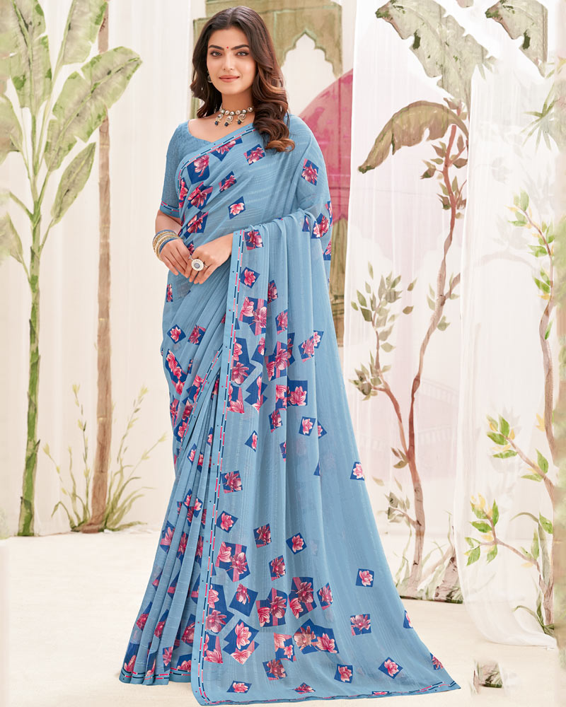 Vishal Prints Pastel Blue Printed Patterned Georgette Saree With Fancy Border