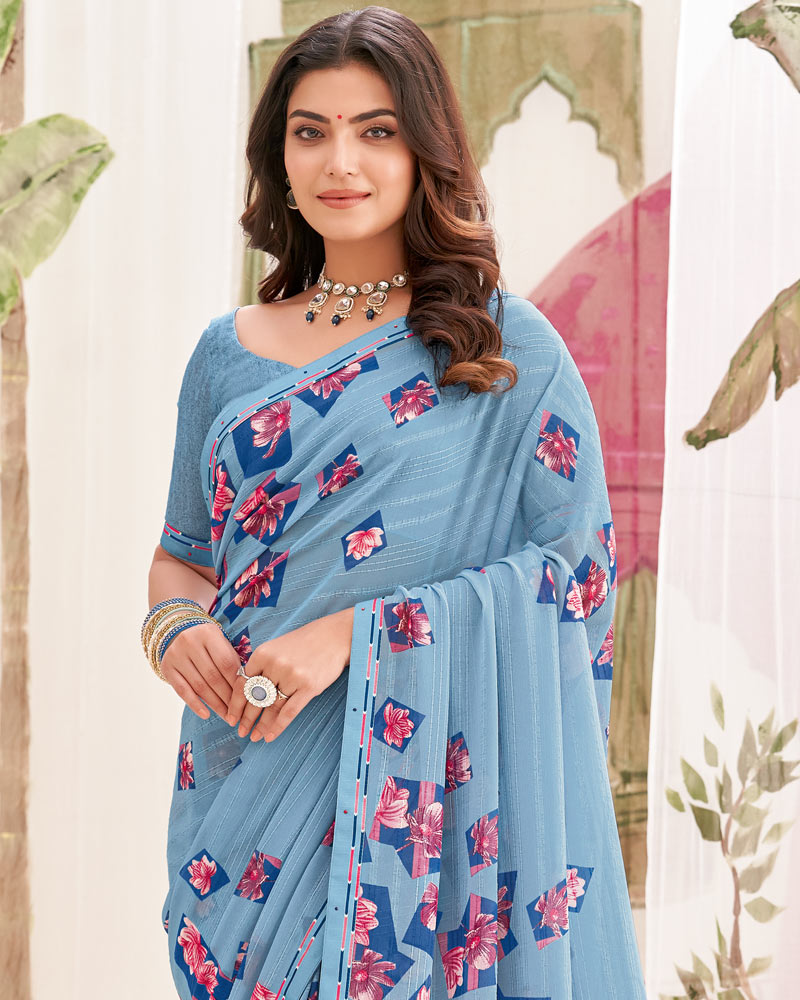 Vishal Prints Pastel Blue Printed Patterned Georgette Saree With Fancy Border