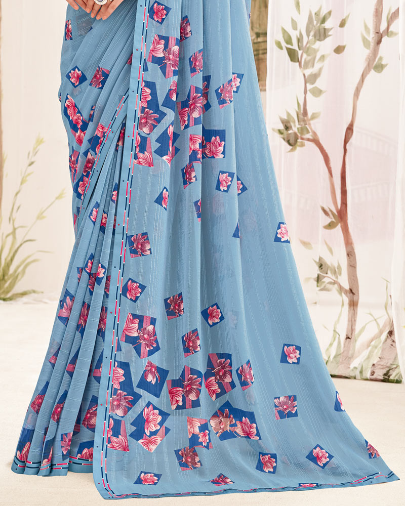 Vishal Prints Pastel Blue Printed Patterned Georgette Saree With Fancy Border